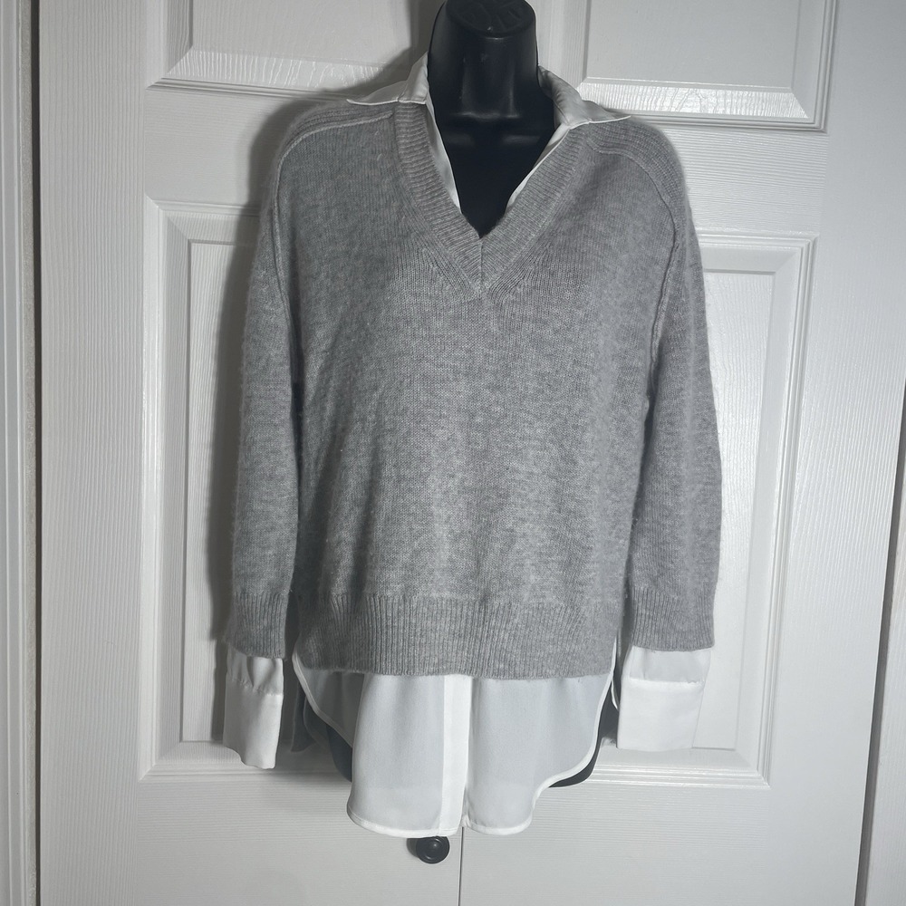 BROCHU WALKER The Looker Layered Cashmere Sweater Women XS Gray Beige V-Neck Top